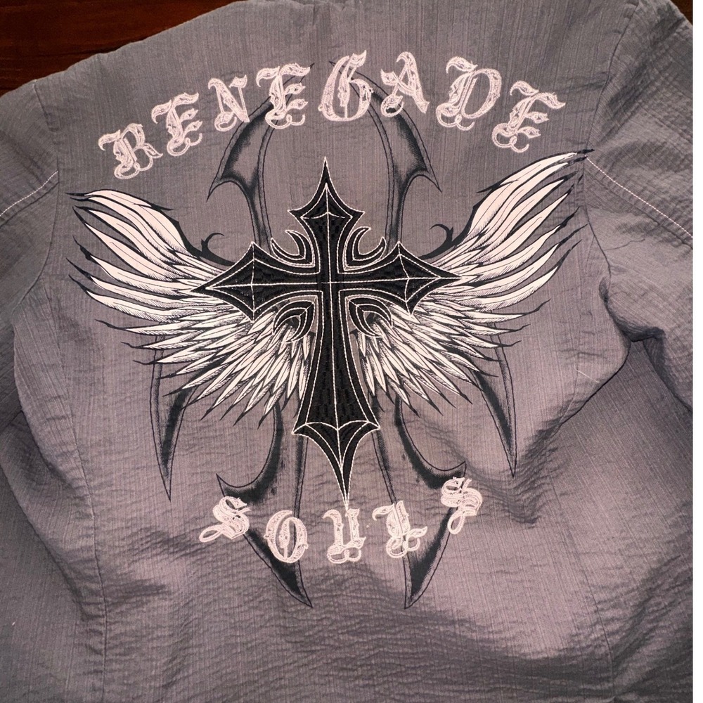 Roar Renegade Souls Mens Grey Gothic Cross Embroidered Blazer Jacket Size 43B